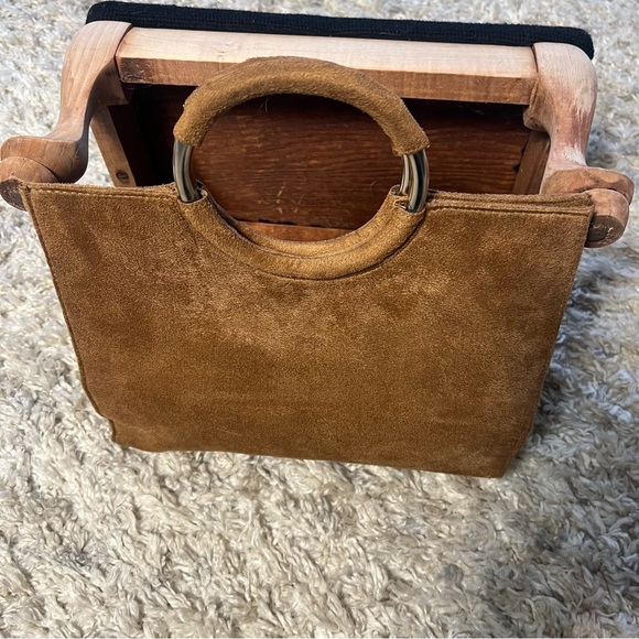 Vintage Nordstrom Faux Suede Circle Handle Clutch Purse Retro Lining - Picture 2 of 4